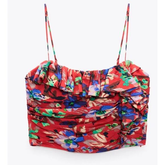 ZARA Red Floral Gathered Ruffle Crop Top Size Small - Picture 1 of 5